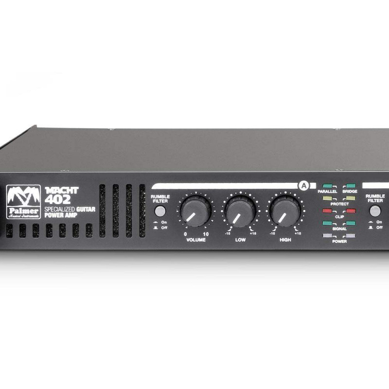 Amplificador estereo de 19" para guitarra Palmer Macht 402 con una potencia de 200 W por canal y 400 W en modo puente.