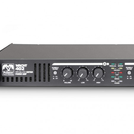 Amplificador estereo de 19" para guitarra Palmer Macht 402 con una potencia de 200 W por canal y 400 W en modo puente.
