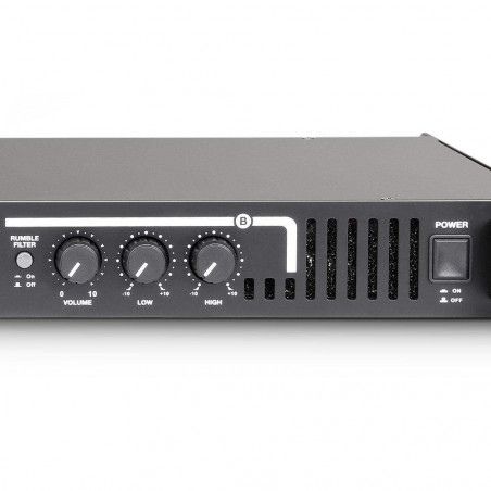 Amplificador estereo de 19" para guitarra Palmer Macht 402 con una potencia de 200 W por canal y 400 W en modo puente.