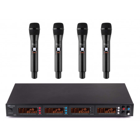 POWER DYNAMICS PD504, Sistema Inalambrico de Mano de 4 micros, UHF, 4x50 Canales, 4 salidas XLR.