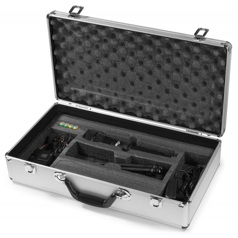 POWER DYNAMICS Set de 2 micros inalambricos, uno de mano y uno de Petaca, para headset,o levalier,UHF, 2x20 Canales