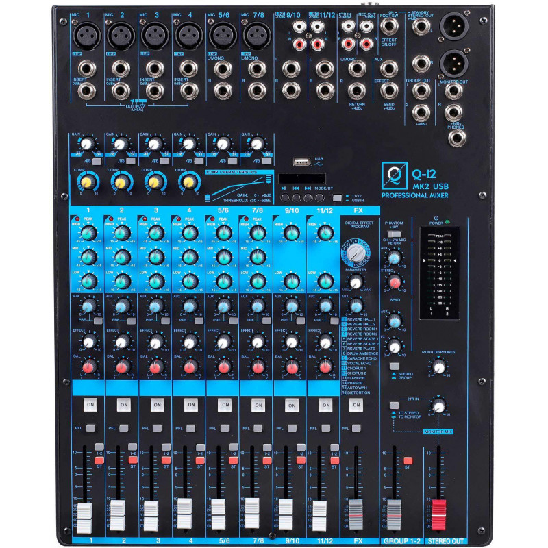 OQAN Mixer Q12 MK2 USB Mesa de mezclas 12 canales con USB/Bluetooth/MP3 player,con multiefectos.