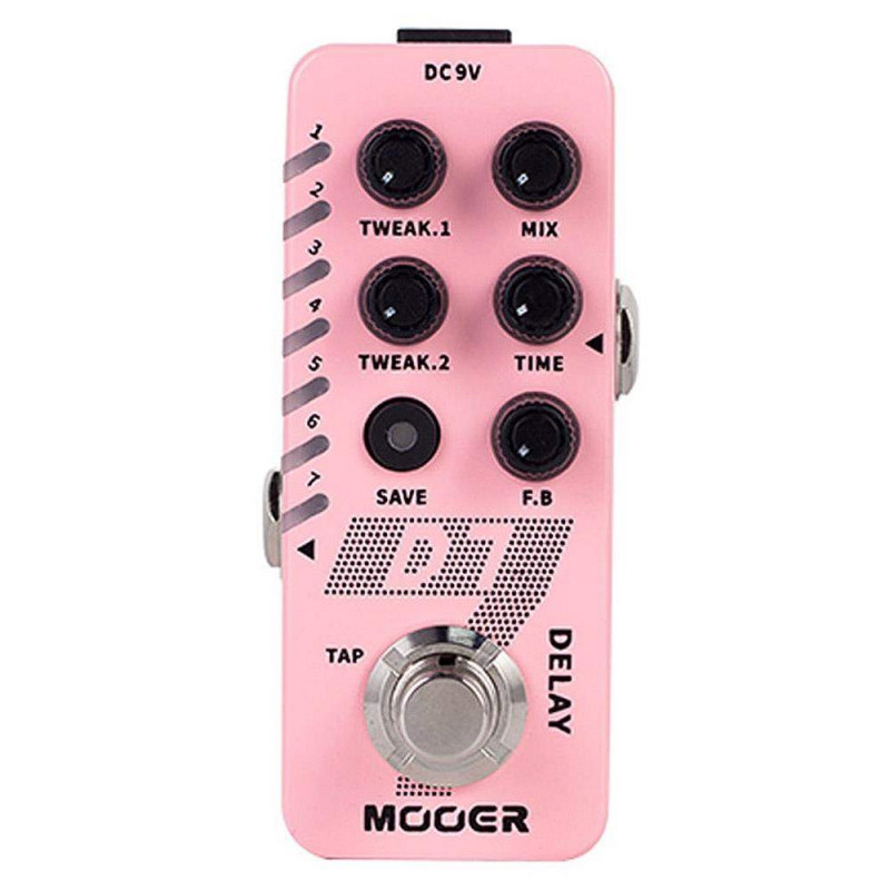 Pedal de efectos Mooer D7 Delay con 6 reverbs digitales completamente customizables.