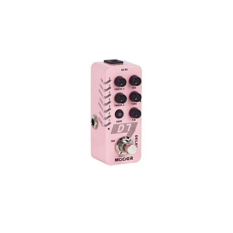 Pedal de efectos Mooer D7 Delay con 6 reverbs digitales completamente customizables.