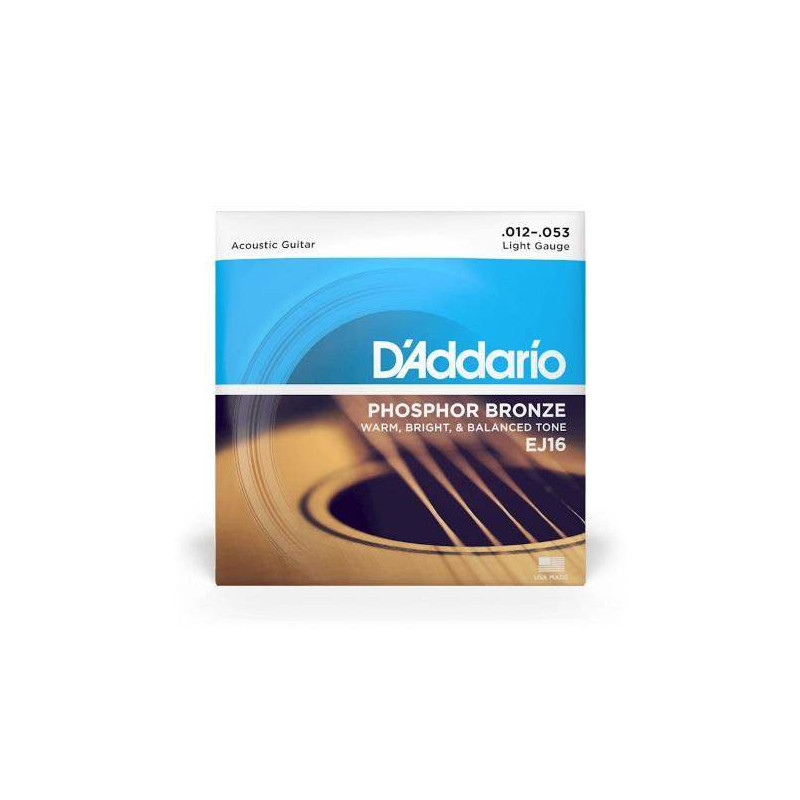 Juego de cuerdas para guitarra acústica d'Addario Phosphor Bronze EJ16, Light, calido, brillante y con buen equilibrio.