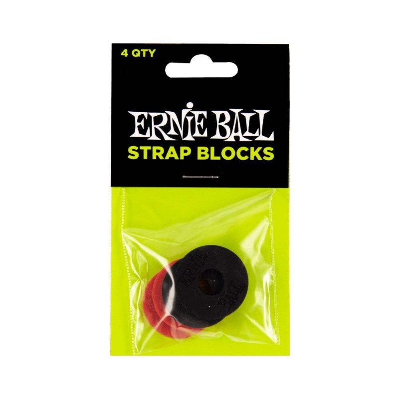 comprar Bolsa de 4 Strap Blocks Ernie Ball EB4603, de goma, 2 en color negro y 2 en color rojo.