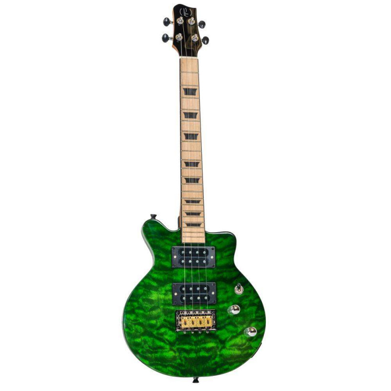 Bones Guitars Ukelele Tenor BT-1TG Verde Transparente Eléctrico, tipo L5S Cuerdas de Acero,2 pastillas dobles