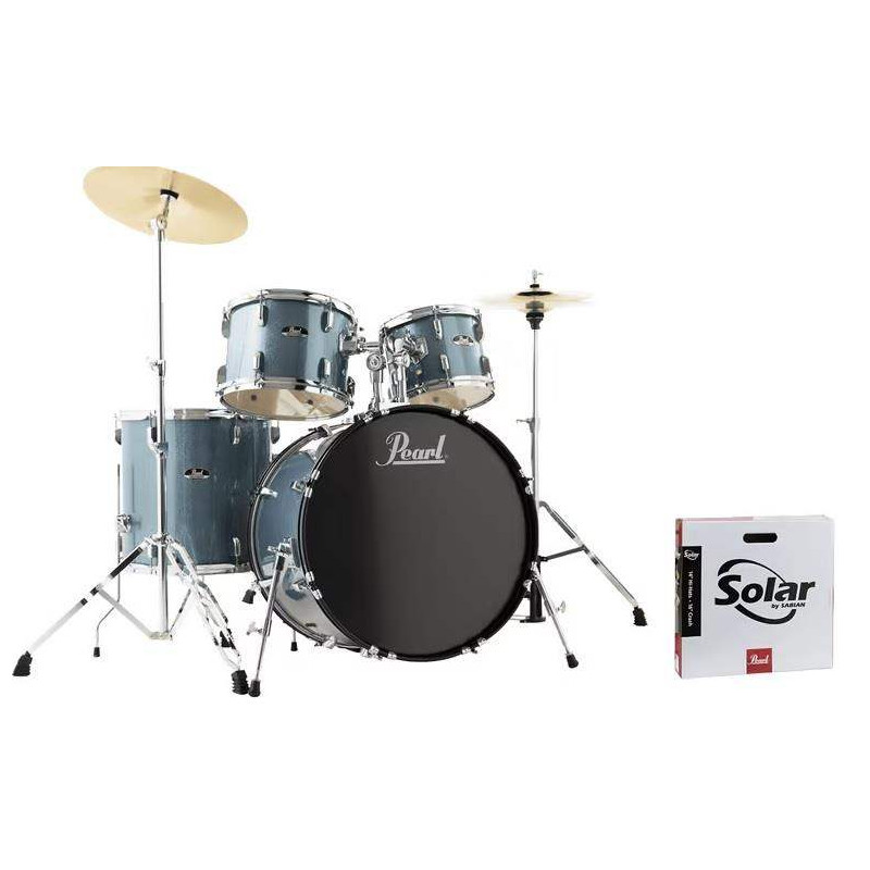 comprar bateria Pearl Roadshow Rock con bombo de 22", con herrajes, sillín y 3 Platos Solar , acabado Aqua Blue Glitter.