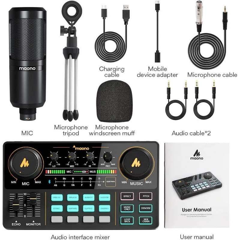 Todo en uno Tarjeta de Sonido USB, Mezclador de audio,soporte de sobremesa, antipop ,y cableado,