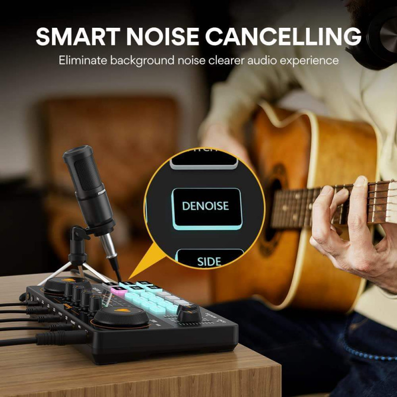 Todo en uno Tarjeta de Sonido USB, Mezclador de audio,soporte de sobremesa, antipop ,y cableado,