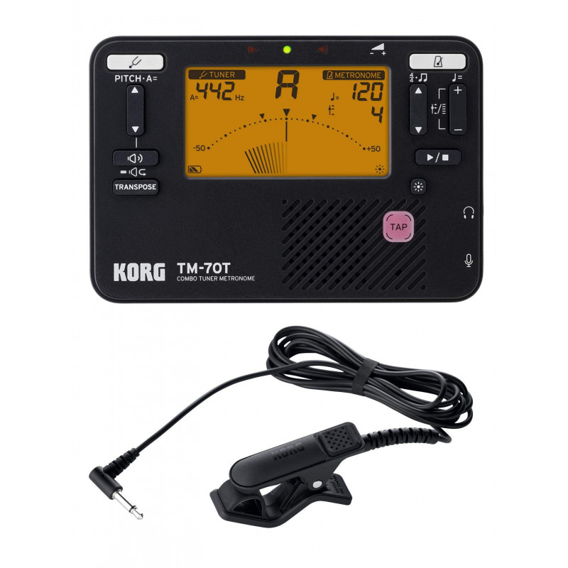 comprar KORG TM-70C BK, Conjunto de afinador/metrónomo KORG TM-70C en color negro y micrófono de contacto CM-400.