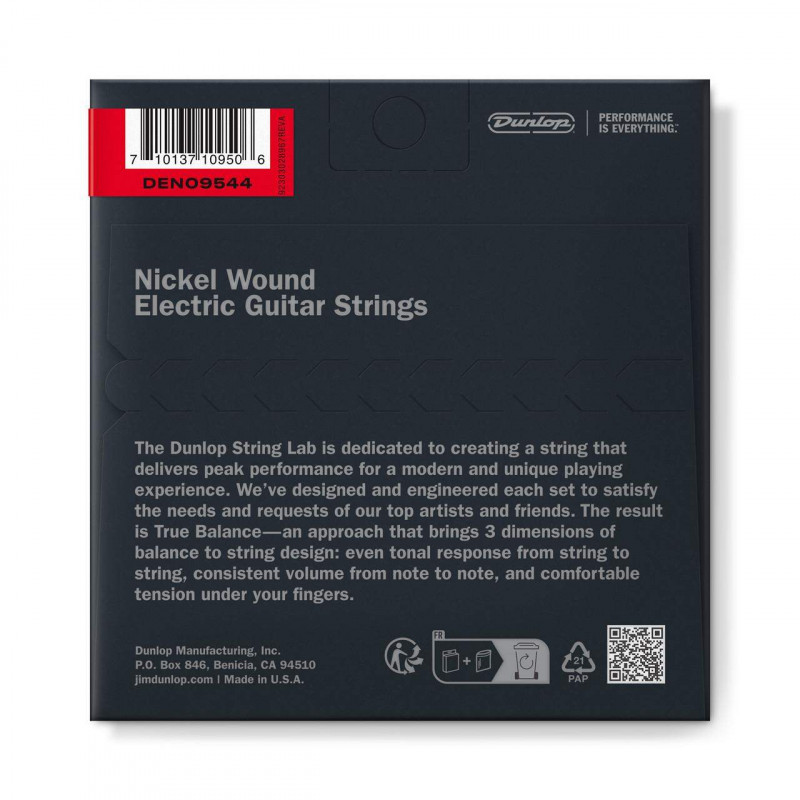 Juego de cuerdas para guitarra Eléctrica Dunlop Performance+ Nickel Wound Perfomance+ 9,5 - 44. Modelo DEN09544.