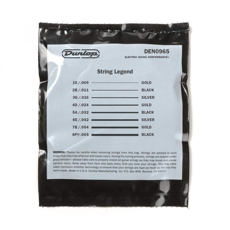 Juego de cuerdas para guitarra Eléctrica de 8 Cuerdas Dunlop Perfomance+ DEN0965 09-65. Calibre 9-11-16-24-32-42-54-65.