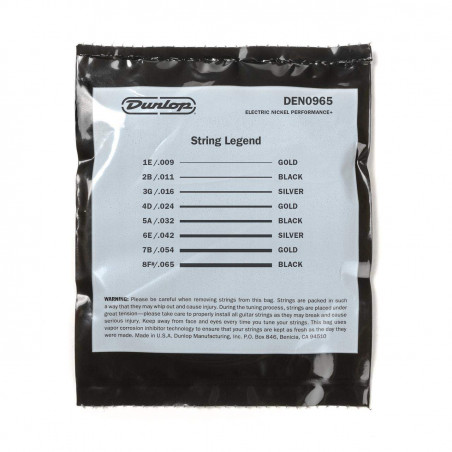 Juego de cuerdas para guitarra Eléctrica de 8 Cuerdas Dunlop Perfomance+ DEN0965 09-65. Calibre 9-11-16-24-32-42-54-65.