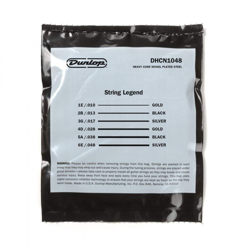 Juego de cuerdas para guitarra Eléctrica Dunlop Heavy Core Nickel Wound DHCN1048 10-48. Calibre 10-13-17-28-38-48.