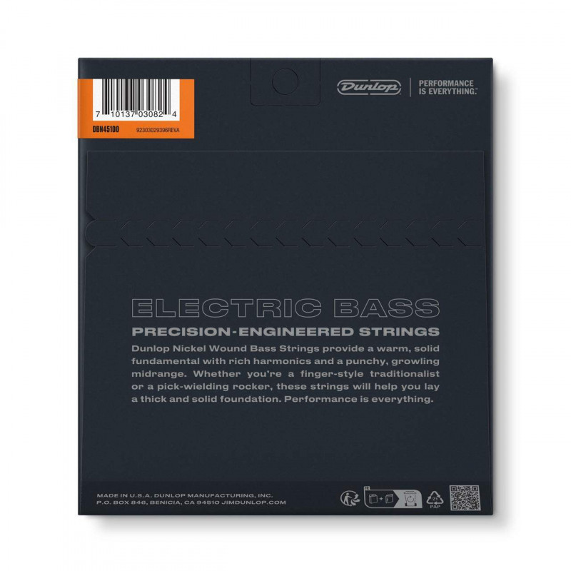 Juego de cuerdas para Bajo Eléctrico Nickel Dunlop DBN45100 Medium Light 45-100. Calibre Medium Light 45-65-80-100.
