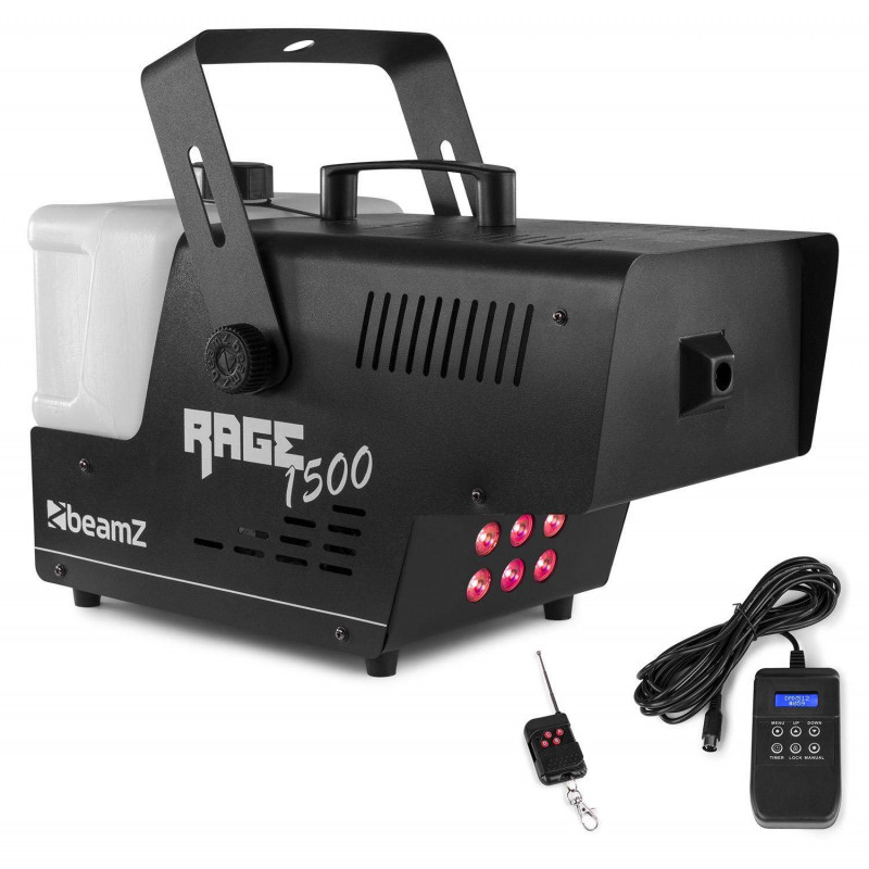 BeamZ Rage 1500LED Maquina de humo con temporizador, 1500 Watts + DMX con 6 High Power LED x 9W 3-en-1 (RGB)
